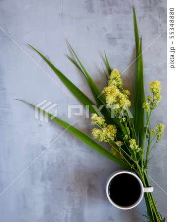 Cup of coffee on gray table in minimal style, Top Cup of coffee on gray table in minimal style, Top 55348880