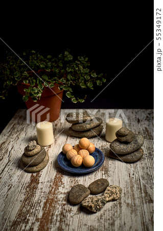 composition of candles, stones and wooden spa 55349172