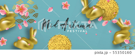 Mid autumn banner gold rabbit and 3d pink flower 55350160
