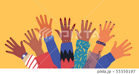 Diverse young people friend hands raised together 55350197