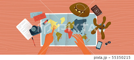 Woman hands on desk with world map for travel plan 55350215