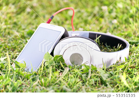 Headphones and smart phone on a meadow 55351535