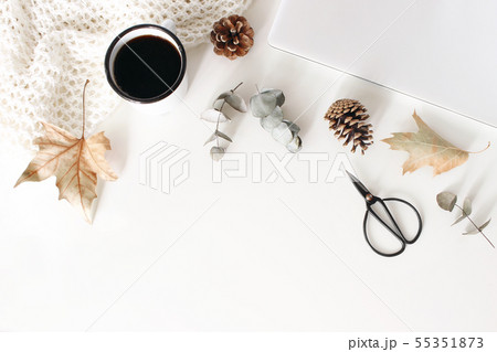Autumn, fall workspace composition with closed laptop. Cup of coffee, wool blanket, autumn leaves Autumn, fall workspace composition with closed laptop. Cup of coffee, wool blanket, autumn leaves 55351873