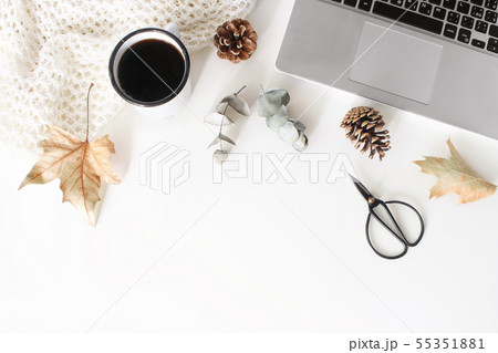 Autumn, fall workspace composition with open laptop. Cup of coffee, wool blanket, autumn leaves, dry Autumn, fall workspace composition with open laptop. Cup of coffee, wool blanket, autumn leaves, dry 55351881