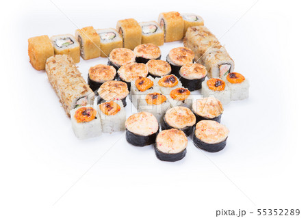Japanese food restaurant, sushi maki gunkan roll plate or platter set. California Sushi rolls with 55352289