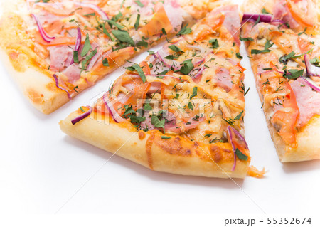 Pizza slice top view isolated on white background, with onions, bacon and cherry tomatoes, thin Pizza slice top view isolated on white background, with onions, bacon and cherry tomatoes, thin 55352674