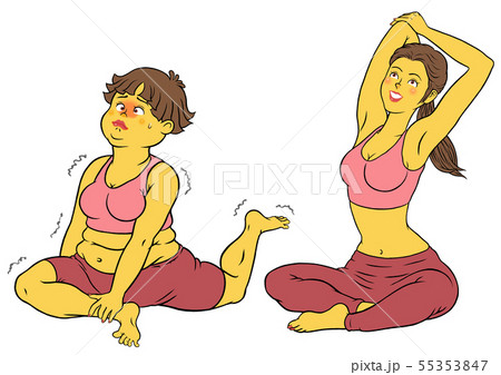 ヨガストレッチをする、インストラクターの女性とぽっちゃり女性セット 55353847