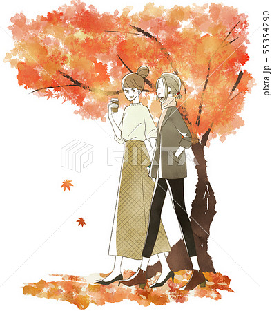 笑顔で歩く2人の女性 秋 紅葉のイラスト素材