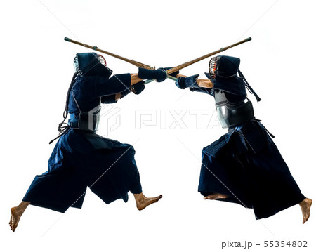 Kendo martial arts fighters silhouette isolated white bacground 55354802