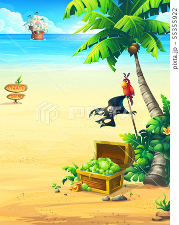 The ocean coast with chest, parrot, palm tree, The ocean coast with chest, parrot, palm tree, 55355922