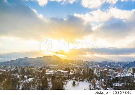 Beautiful architecture building with mountain landscape in winter season at sunset time 55357846