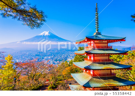 Beautiful landscape of mountain fuji with chureito pagoda around maple leaf tree in autumn season Beautiful landscape of mountain fuji with chureito pagoda around maple leaf tree in autumn season 55358442