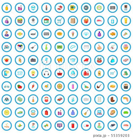 100 shopping products icons set, cartoon style 55359203