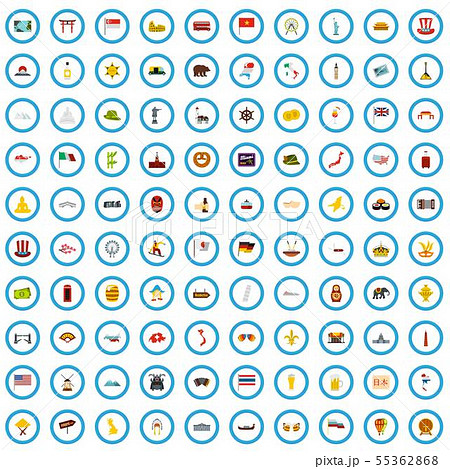 100 tourist attractions icons set, flat style 100 tourist attractions icons set, flat style 55362868
