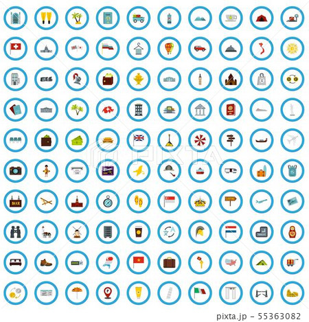 100 tour agency icons set, flat style 55363082