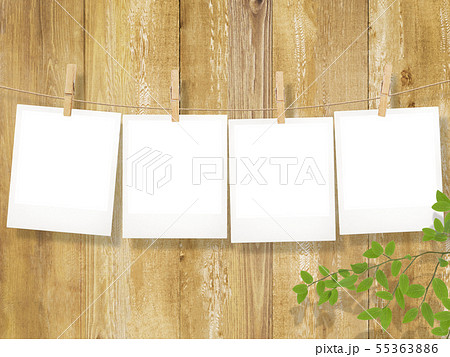 背景 木目 ポラロイド写真 枝 葉 フレーム テンプレートのイラスト素材