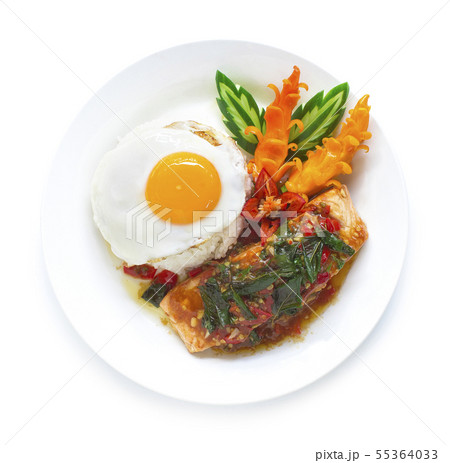 Salmon Stir fried Spicy Thai Basil hot sauce Salmon Stir fried Spicy Thai Basil hot sauce 55364033
