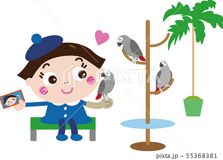 鳥カフェ３ ヨウムと女の子 のイラスト素材