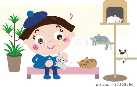 猫カフェ7 猫と女の子 のイラスト素材 55368560 Pixta