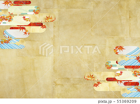 和紙の風合いを感じる日本画 秋 雲 紅葉 金のイラスト素材