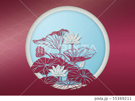 丸窓 円 和風 和柄 背景素材 ハス 蓮の花のイラスト素材