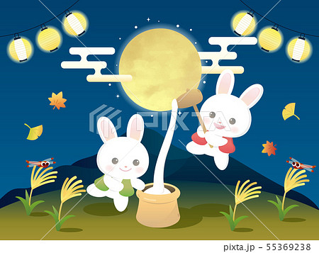 月見 ウサギが餅つきするイラストのイラスト素材