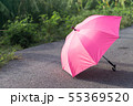Pink umbrella on concrete floor and green grass fi 55369520