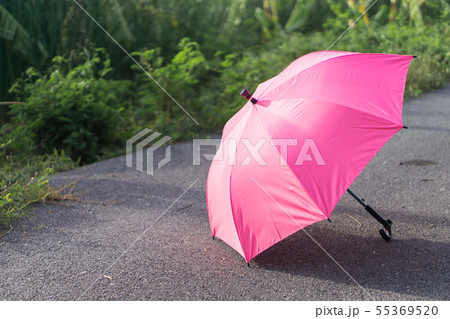 Pink umbrella on concrete floor and green grass fi Pink umbrella on concrete floor and green grass fi 55369520