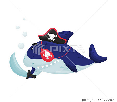 Cartoon shark in a pirate costume. Vector illustration on white background. 55372207