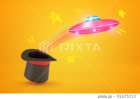 3d rendering of pink metal UFO flying out of black top hat on yellow background 55375717