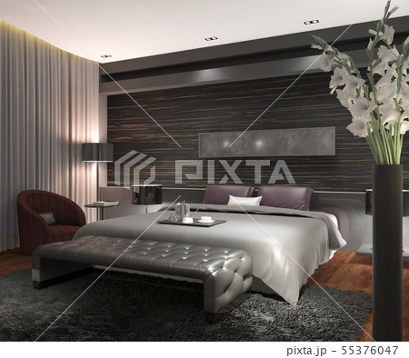 Bedroom or Hotelroom Interior 3D Illustration Photorealistic Rendering 55376047