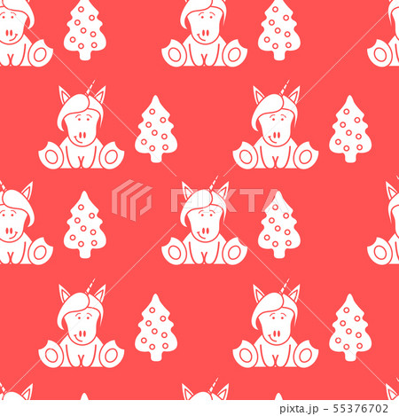 Seamless pattern with unicorns and Christmas tree 55376702