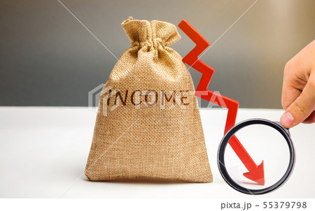 Money bag with word Income and down arrow.  55379798