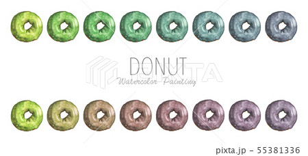 Set of colorful donuts glazed. Watercolor. Set of colorful donuts glazed. Watercolor. 55381336