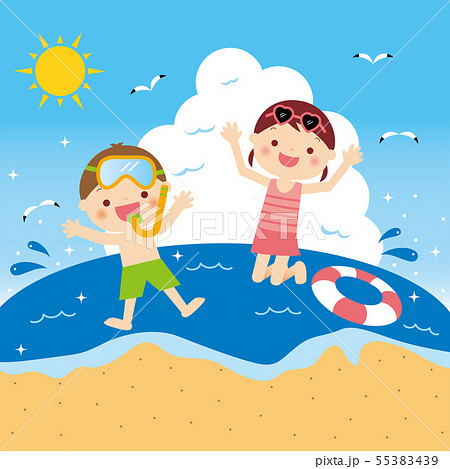 海で遊ぶ子供たちのイラストのイラスト素材
