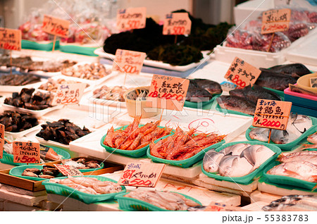Fresh seafood shrimps and fish at Ameyoko market Fresh seafood shrimps and fish at Ameyoko market 55383783