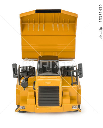toy dump truck with upped open-box bed front view. Children's toy plastic haul truck car with 55385430