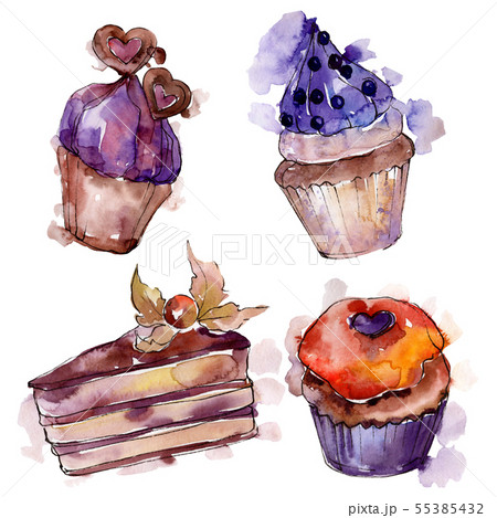 Tasty cupcake and dessert. Background illustration set. Watercolour drawing fashion aquarelle 55385432