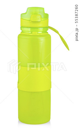 The green plastic sports water bottle with water The green plastic sports water bottle with water 55387260