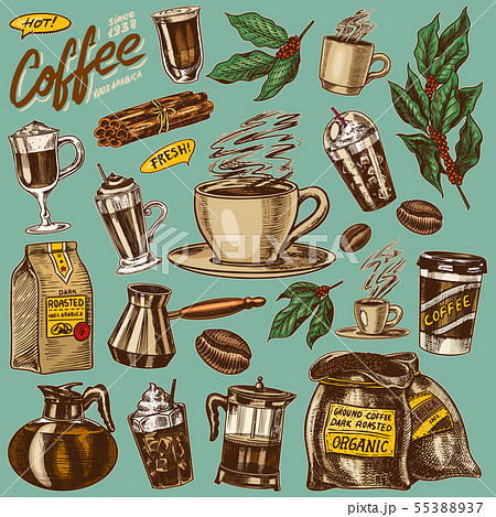 Coffee in vintage style. A bag of grain, cocoa leaves, cinnamon sticks, a cup and a teapot, a coffee Coffee in vintage style. A bag of grain, cocoa leaves, cinnamon sticks, a cup and a teapot, a coffee 55388937