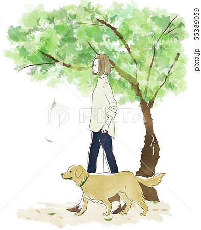 犬の散歩をする女性 新緑のイラスト素材 55389059 Pixta