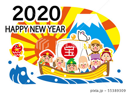 ハッピーニューイヤー 七福神の宝船 テンプレートのイラスト素材