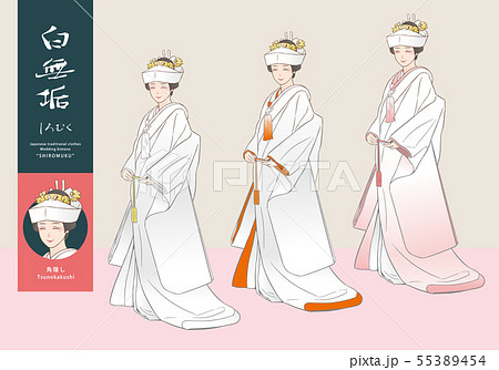 白無垢姿の女性のベクターイラストセット(角隠し) 白無垢姿の女性のベクターイラストセット(角隠し) 55389454