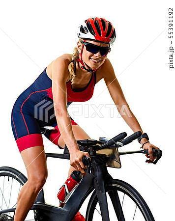 woman triathlon triathlete ironman athlete cyclist cycling isolated white background 55391192