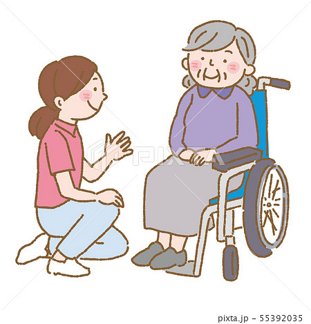 認知症 車椅子 介護士 ヘルパー 高齢者 イラストのイラスト素材