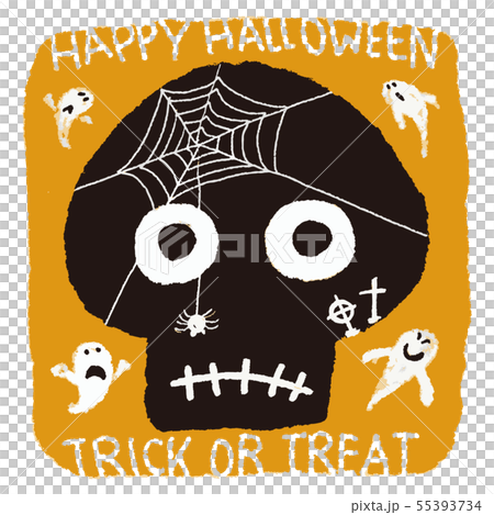 面白いドクロとクモの巣やお化けのハロウィンイラスト 55393734