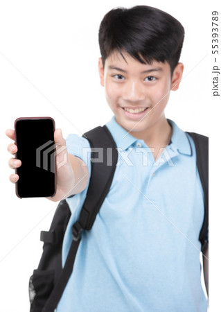 Student boy with backpack and stationery holding 55393789