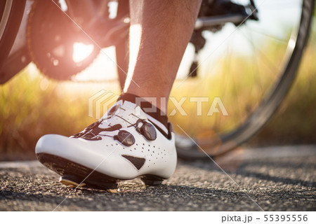 Close up bike shoes ready for cycling outdoors. 55395556