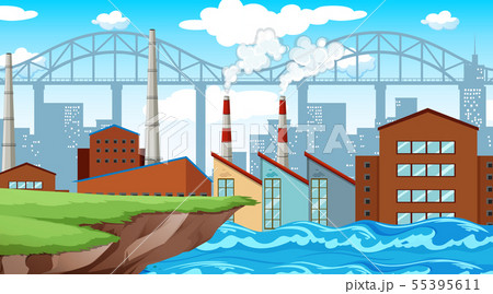 Factory on river background 55395611