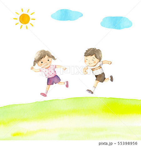 広場で走る子ども 水彩イラストのイラスト素材